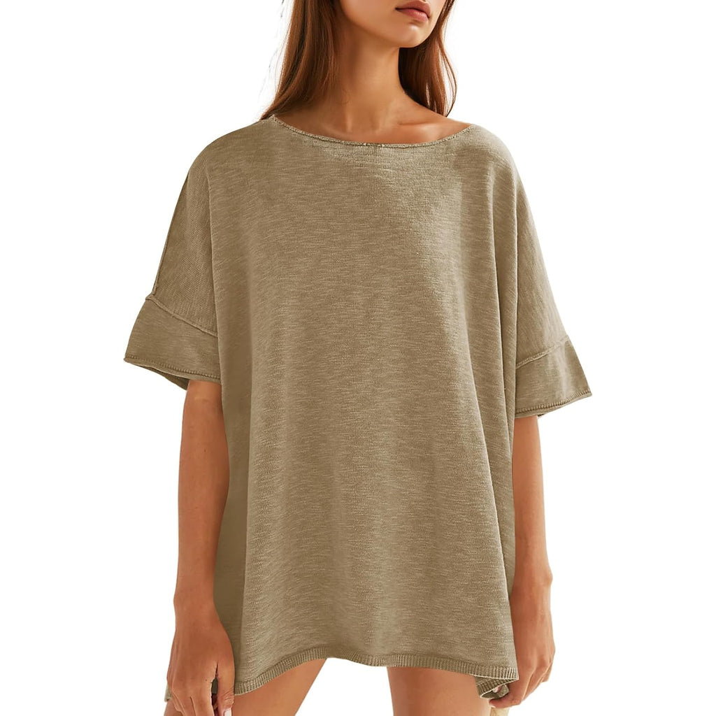 Tankaneo Women's Oversized T Shirts Casual Summer Crew Neck Loose Dropped Short Sleeve Side Slit Hem Blouse Tunic Tops