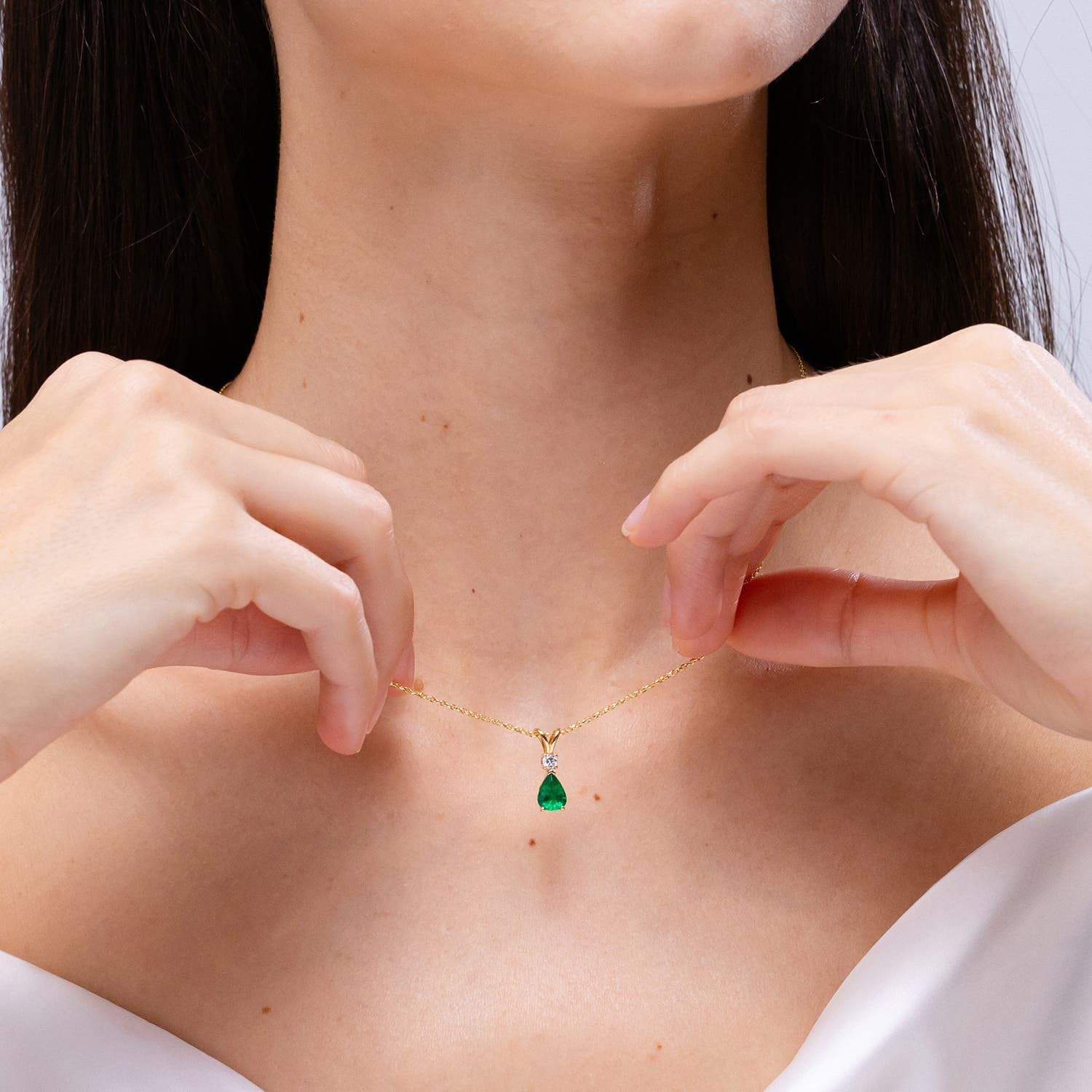 Angara Emerald Teardrop Necklace with Diamond in Silver/14K Solid Gold/Platinum | Natural Prong-Set Emerald V-Bale Pendant With 18" Chain for Women | July Birthday Gemstone Jewelry Gift