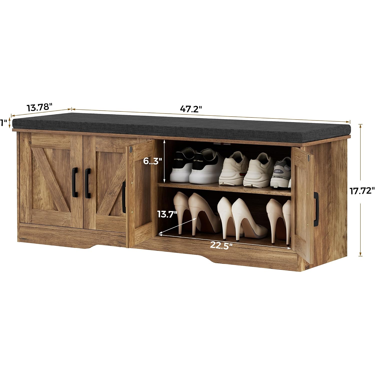 Homsho Farmhouse Shoe Storage Bench With 4 Barn Doors & Padded Seat Cushion | 47.2" Wide Entryway Bench With Adjustable Shelves & Hidden Storage, Rustic Walnut