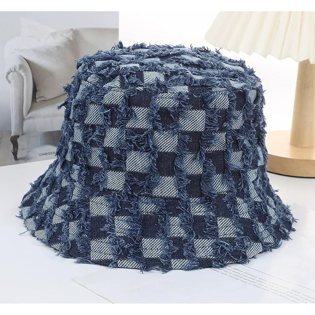 Women'S Vintage Denim Washed Cotton Bucket Hat Cowboy Checkerboard Fishermen Hat Outdoor Sun Cap