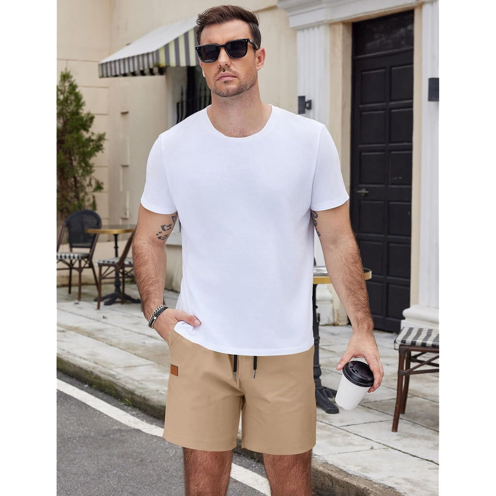 Coofandy Men'S Casual Cotton Shorts Summer Beach 5 Inch Shorts Lightweight Drawstring Elastic Waist Chino Golf Shorts