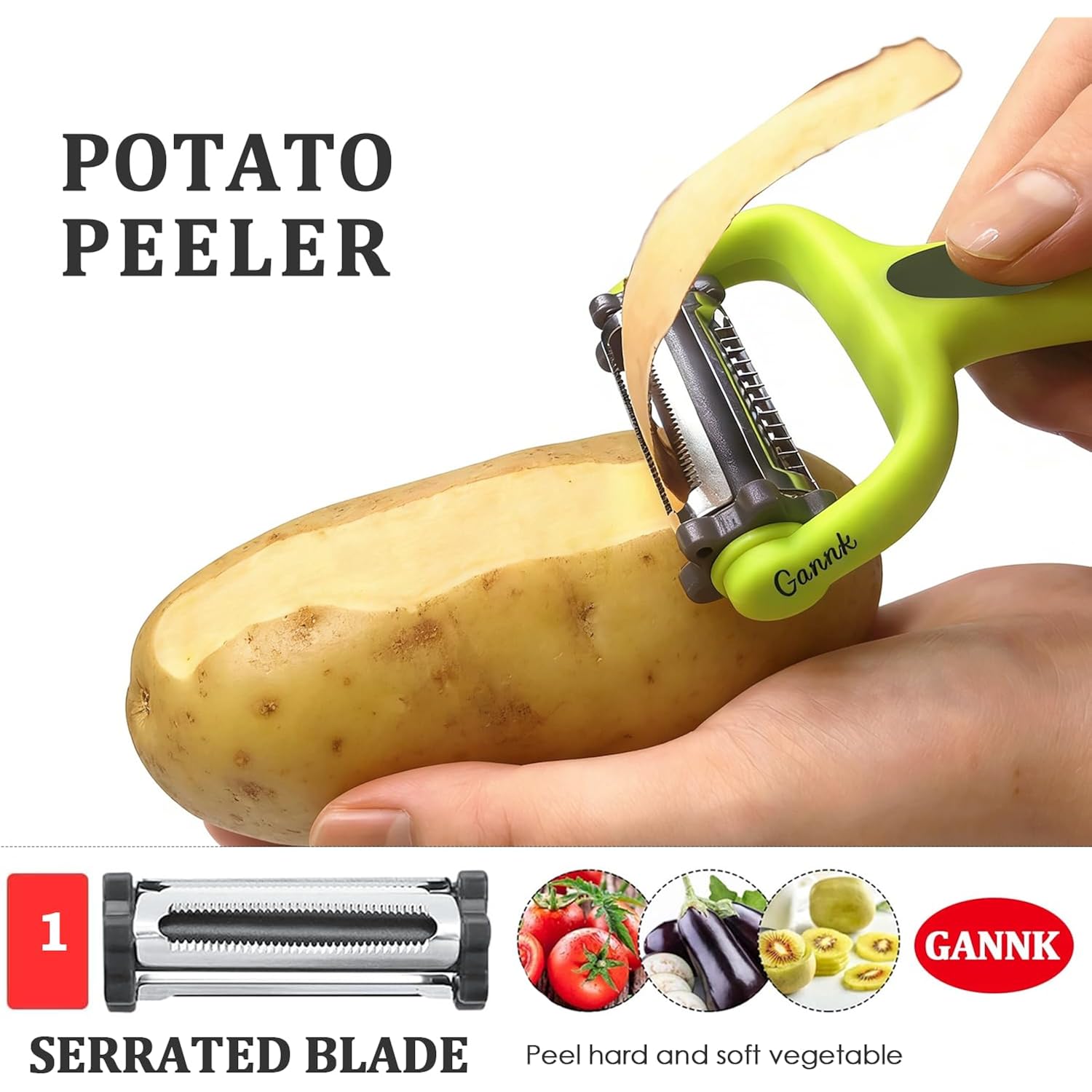 Gannk Potato Apple Vegetable Peelers For Kitchen, I And Y Peelers For Fruit Veggie Potatoes Carrot Cucumber, 3 In 1 Blade Spin Design With Julienne Multifunctional
