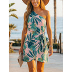 Cupshe Women'S One Shoulder Leaf Print Self-Tie Short Dress Sleeveless Tiered Hem Formal Dress Casual Mini Dress