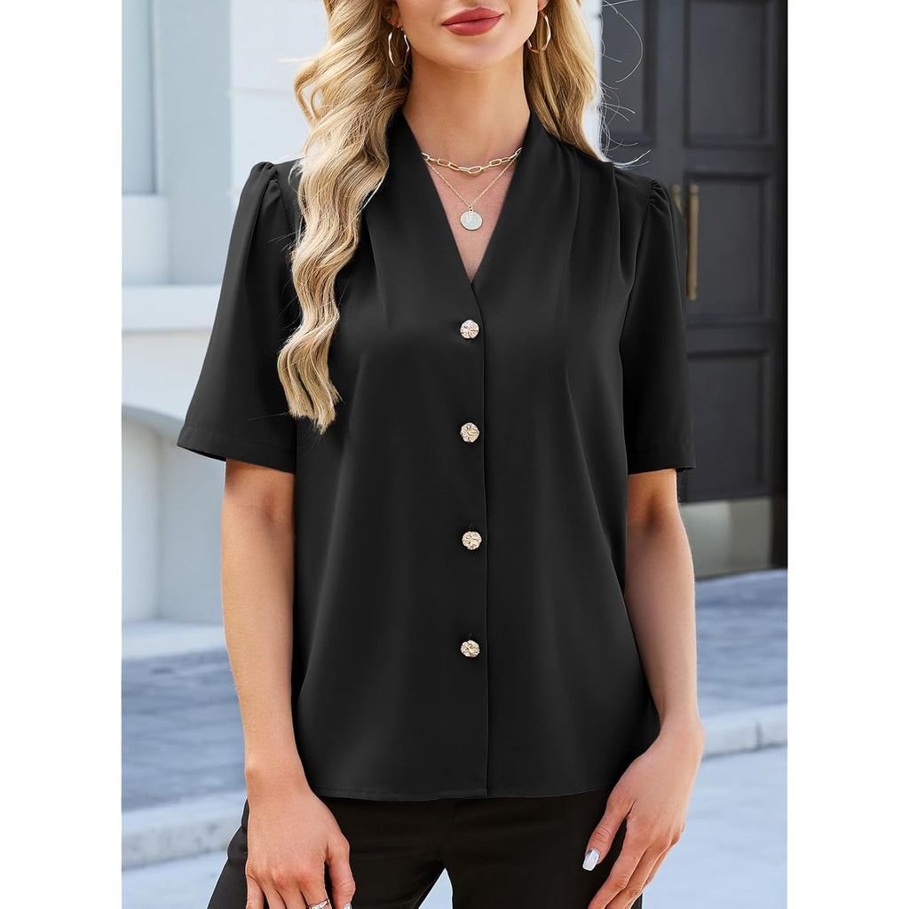 Blouses for Women Dressy Casual Summer Short Sleeve Button Down Shirts Business Work Tops