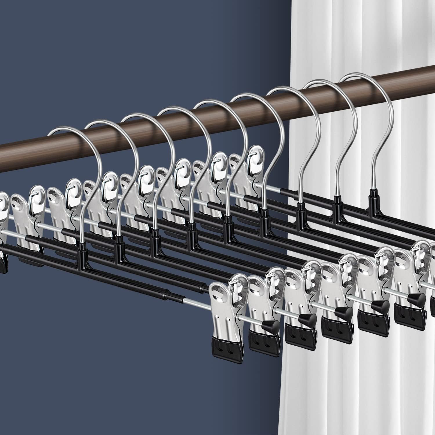 Pants Hangers With Clips For Women 20 Pack Adjustable Heavy Duty Space Saving Skirt Hangers Non-Slip Trousers, Jeans Clothes ,Shorts Black,12Inch