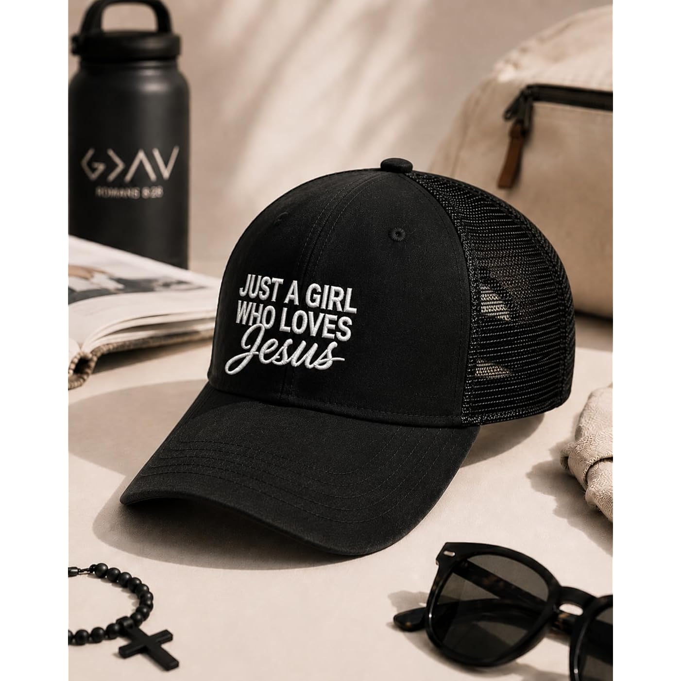 Christian Hat for Men Women - Premium Embroidered Faith Baseball Cap - Religious Jesus Gifts, Mesh Back Trucker Hats Just a Girl Who Loves Jesus-black