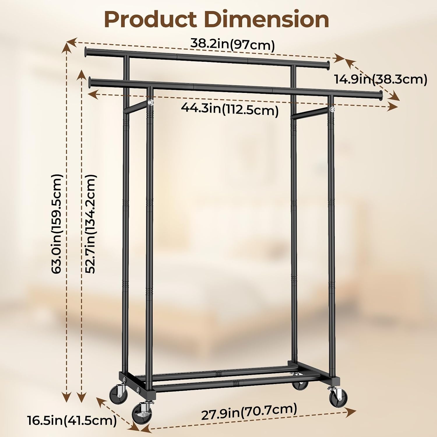 Hyseyy Double Rods Clothes Rack, Rolling Clothing Rack For Hanging Clothes Portable Wardrobe Rack, Metal Garment Rack Sturdy Coat Rack For Bedroom Laundry Living Room, Black