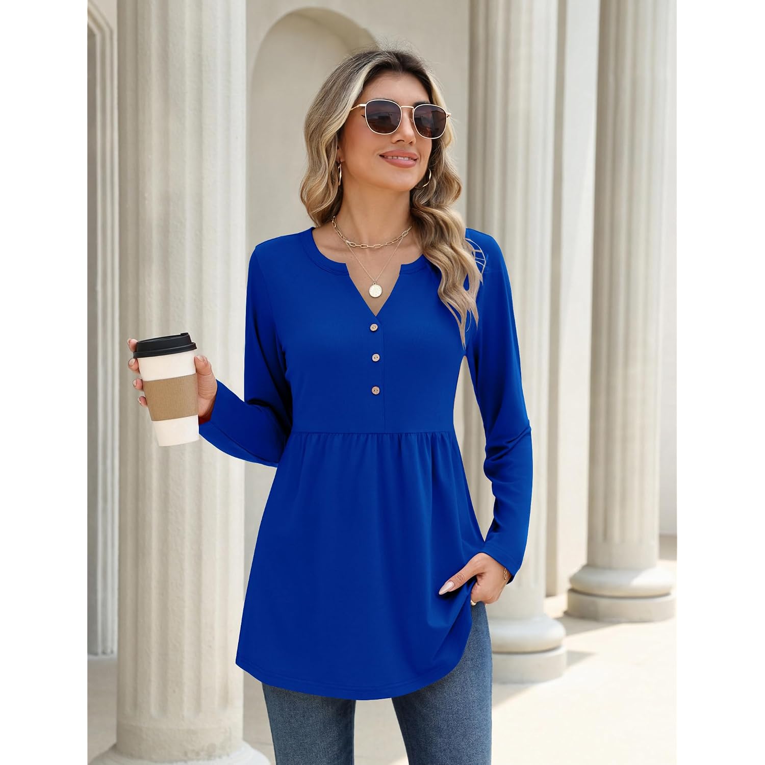 Zeagoo Women Blouses Long Sleeve Shirts Boho Henley V Neck Tops Business Casual Loose Pleated Fashion Clothing