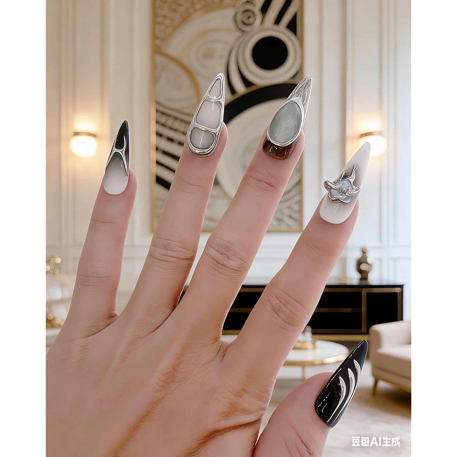 Luxury Handmade Press on Nails Black White Almond Tip Stiletto 3D Chrome Cyber Goth Glossy Long Silvery Fake Nails Rhinestones Reusable Acrylic Nail Tips for Women 10pcs (A70, L)