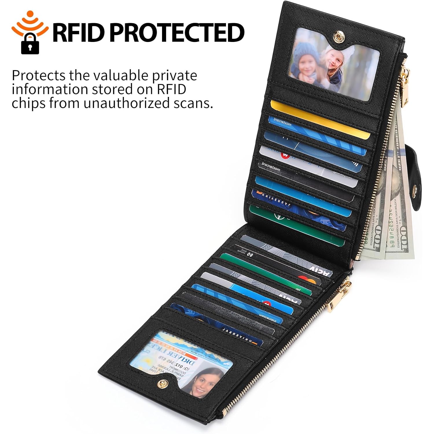 GOIACII Slim Wallets for Women RFID Blocking Card Holder 2 Zipper Pockets Thin Ladies Clutch Purse Black