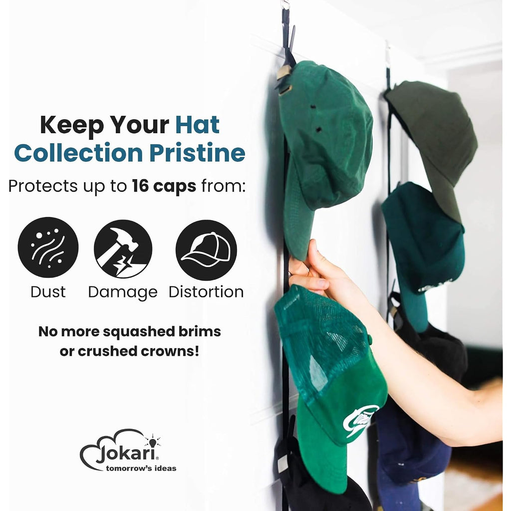 Jokari Over The Door Organizer, 2 Pack, Holds Up To 16 Hats | Hat Rack, Storage System, Men Women, Kids Adjustable Closet Hanger, Hooks, Easy Display, Fits All Hat Styles