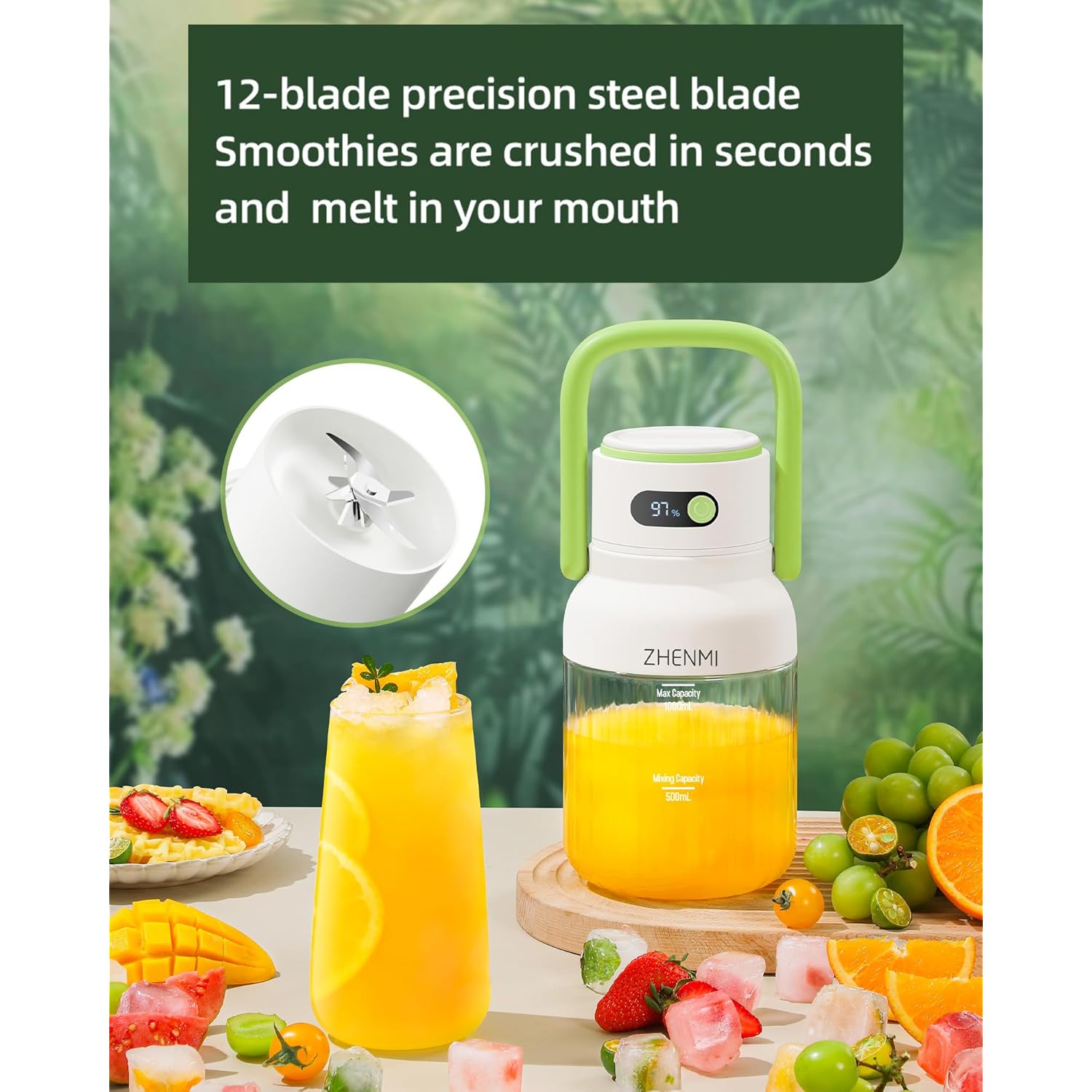 Portable Blender, Personal Blender for Smoothies & Shakes, Cordless, 33oz BPA-Free Vessel, 18000RPM Motor, Leakproof Lid with Sip Spout, USB-C Rechargeable, Easy-to-Clean Parts (Green)