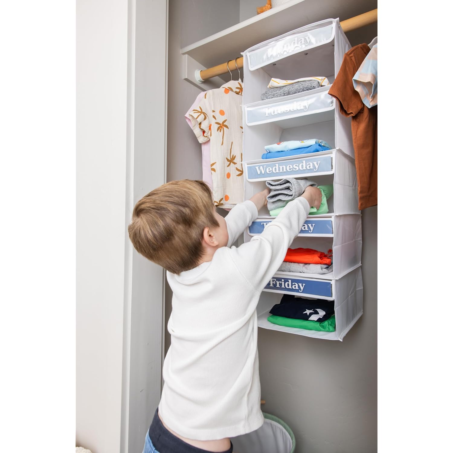 Three Sweet Peas Co Monday Through Friday Hanging Weekly Clothes Organizer For Kids