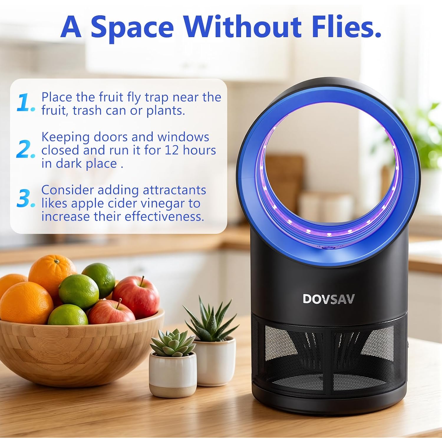 Fruit Fly Trap For Indoors, Blue Bug Zapper Indoor With Suction & Timer | Uv Light Lures Fruit Flies/Gnats, Timer 6/12Hrs, Plug In Fly Trap With Suction, Kid & Pet Applicable, Low Noise, 10 Refills
