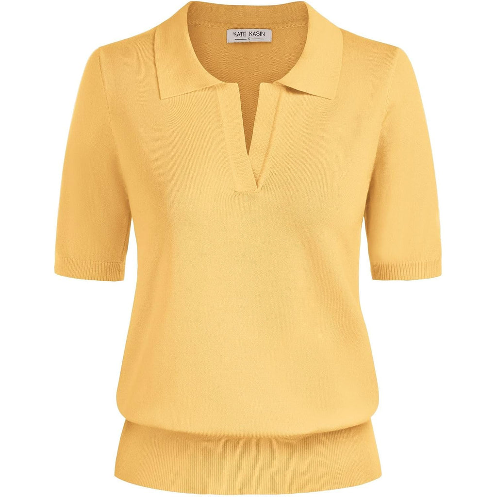 Women Short Sleeve Polo Sweater V Neck Knitted Tops Casual Ribbed Shirt Loose Pullover Sweater