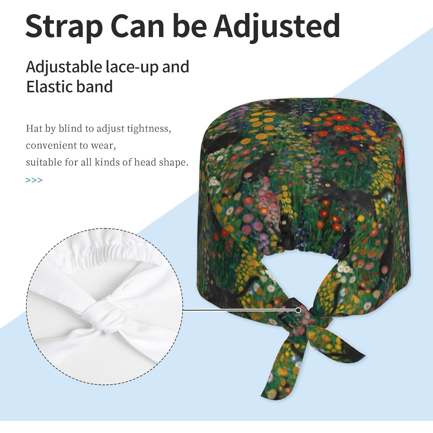 Unisex Adjustable Scrub Caps Elastic Surgical Cap for Men Women Nurse Working Cap with Sweatband Floral Cats