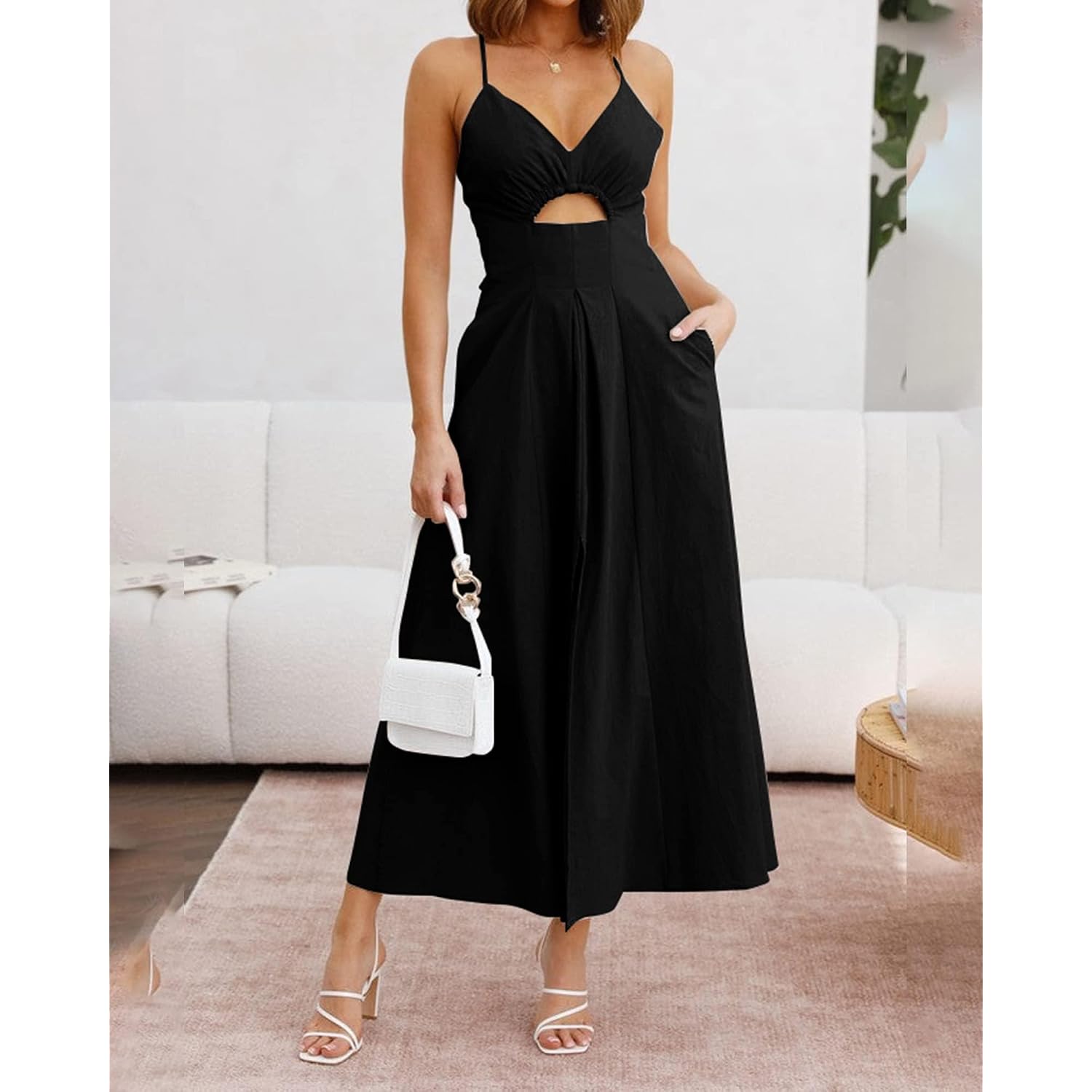 Btfbm Women 2026 Spaghetti Strap Midi Summer Dresses Sleeveless V Neck Cutout Slit Casual Beach Party Maxi Dress Pockets