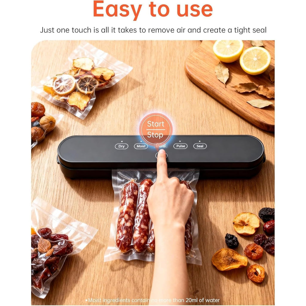75kPa Vacuum Sealer Machine, Compact Vacuum Sealer for Food, 4-in-1 Food Sealer, Digital Timer, Moist/Dry, Pulse, Seal Modes, with 20 Vacuum Bags, Black