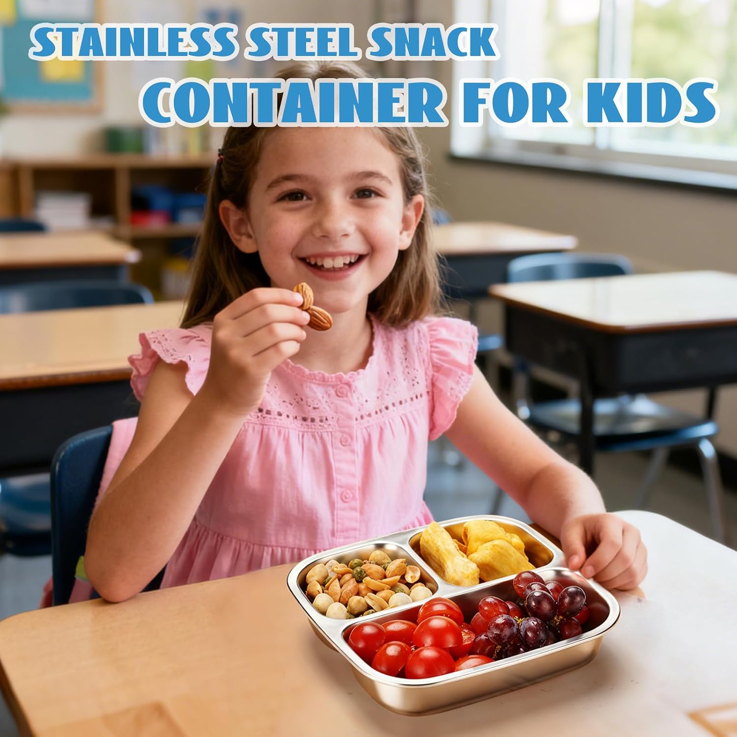 Stainless Steel Snack Containers, 3 Compartments Reusable On And Go Bento Box With Lids For Kids, Lunch Box Pre Meal Storage For Daycare School Outdoor Camping Travel - Blue