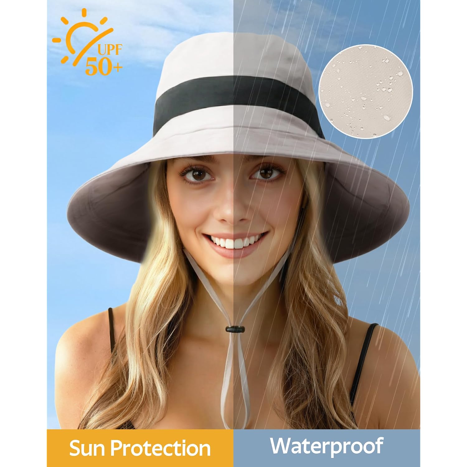 Sun Hats For Women Uv Protection, Waterproof Ponytail Wide Brim Bucket Hat For Summer Beach Gardening Travel