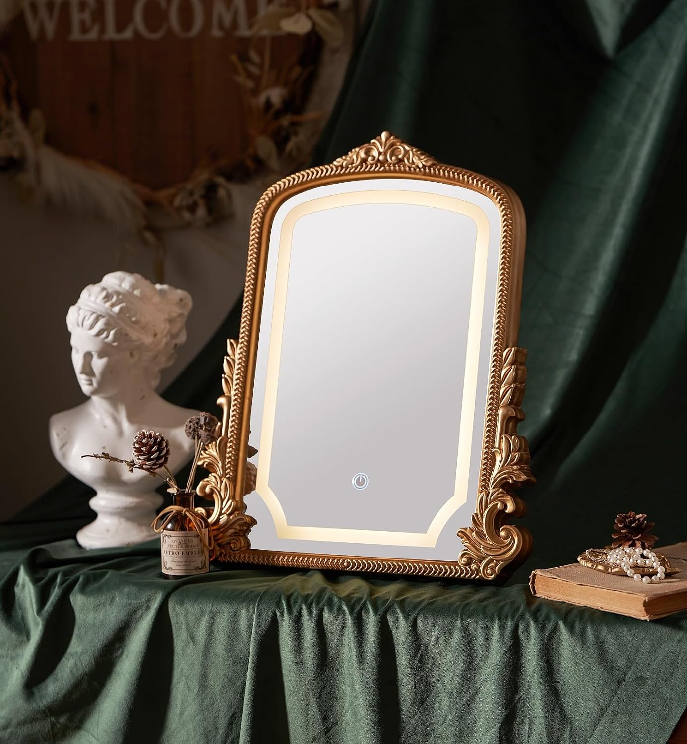Hsddhome Large 16X20 Vintage Led Vanity Mirror, Gold Arch Makeup Mirror | 3-Color Dimmable Lights; Antique Carved Frame; Large Tabletop For Wide Dressers