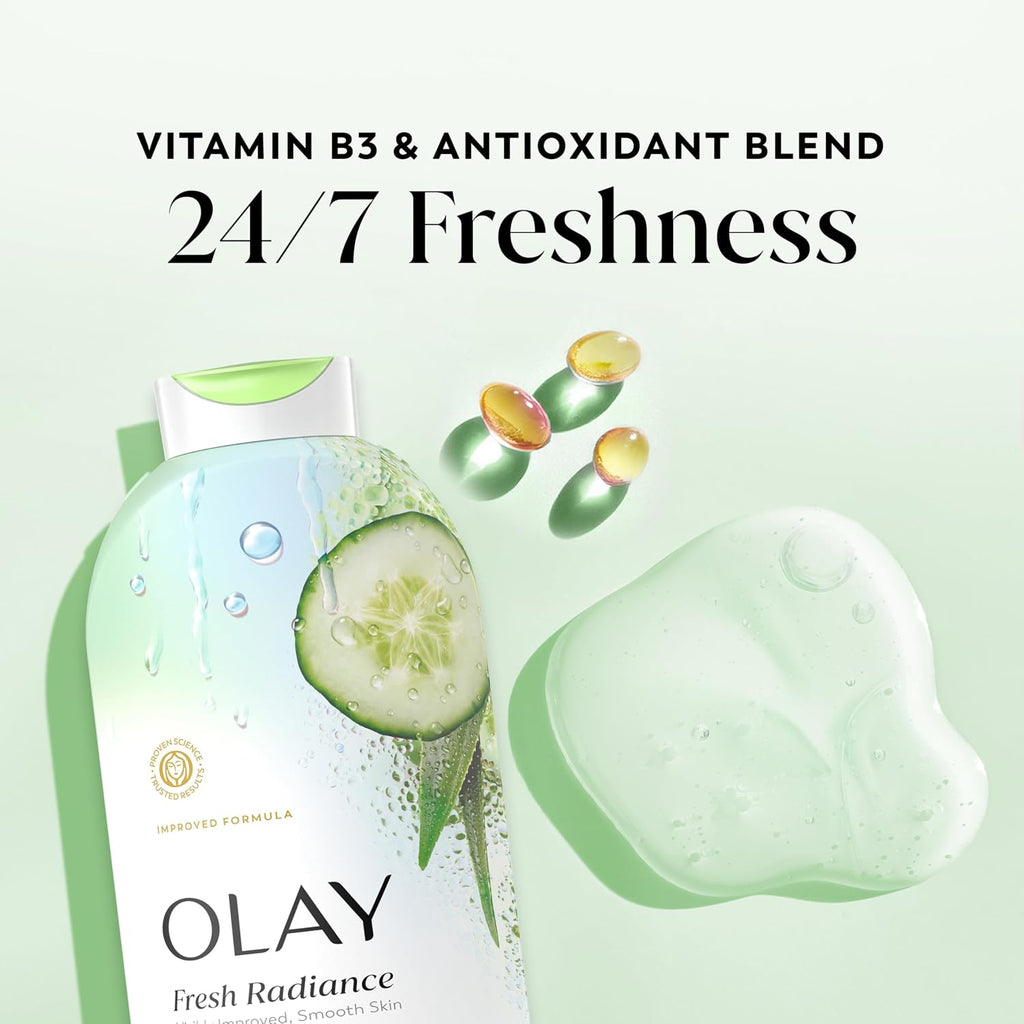Olay Body Wash For Women, Fresh Radiance, 24/7 Skin-Loving Freshness, Visibly Radiant, Plant Based Cleansers, Vitamin B3 & Antioxidant Blend, For All Skin Types, Cucumber & Aloe Water Scent, 22 Fl Oz
