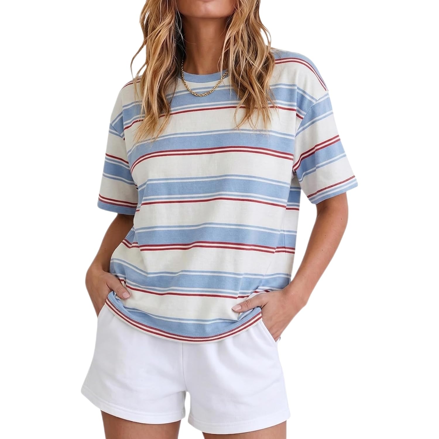 Allimy Women's Vintage Boxy Cropped Tee Short Sleeve Striped T Shirt Loose Fit Tops Casual Summer Blouses Color Block-blue Stripes
