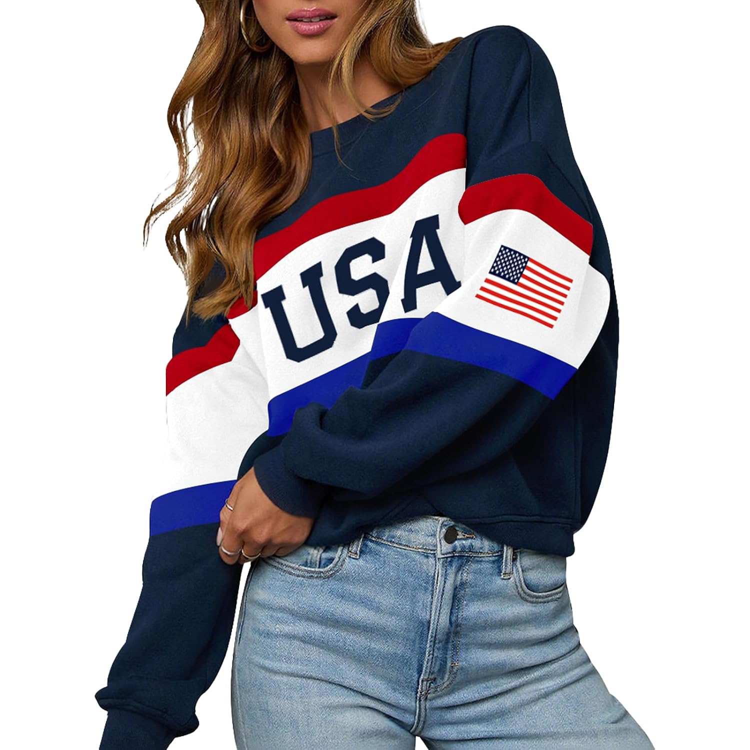 Womens Usa Sweatshirt Crewneck American Flag Knit Sweater Long Sleeve 4Th Of July T Shirts Loose Fit Pullover Top