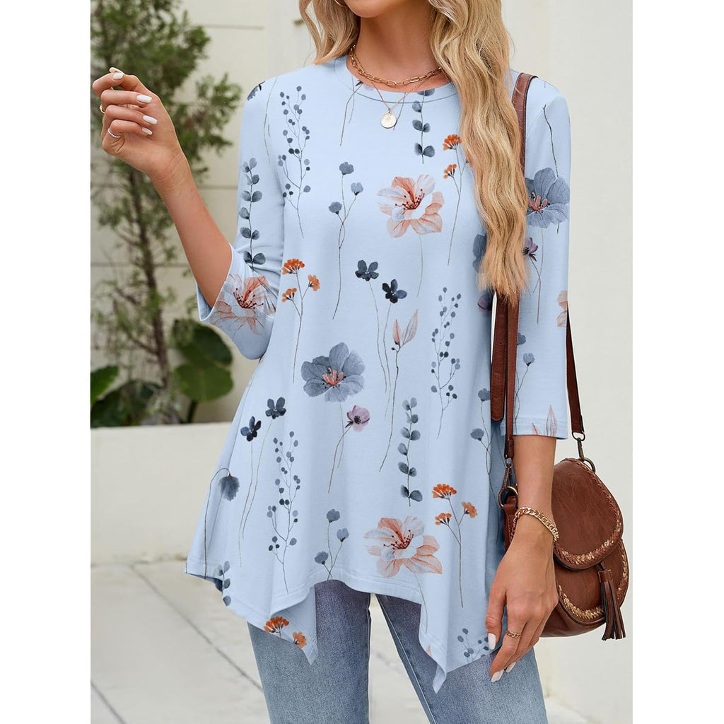 3/4 Length Sleeve Tunic Tops for Women Loose Fit Dressy Casual Blouses Shirts with Asymmetrical Hem S-3XL