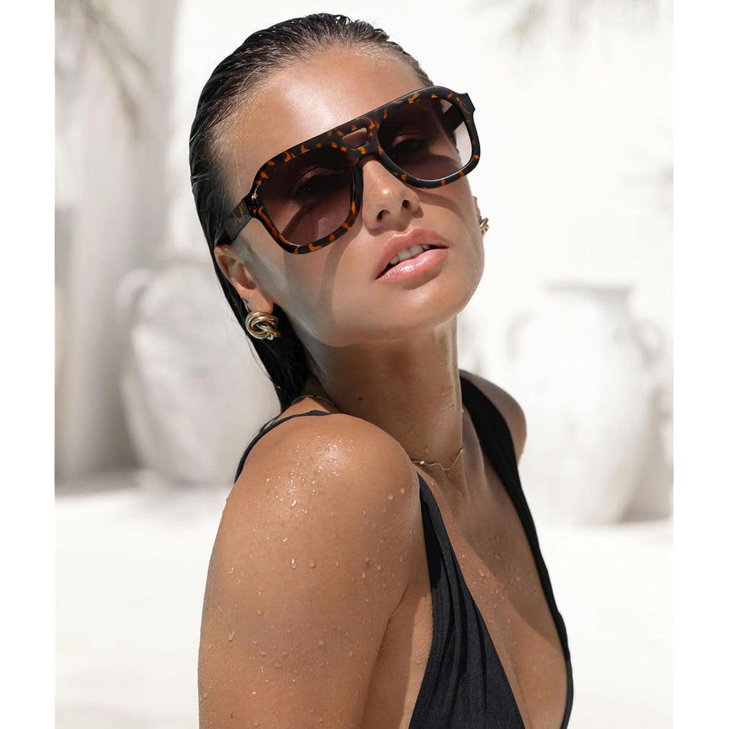 Oversized Flat Top Sunglasses For Women Men, Retro 70S Chunky Aviator Style With Double Bridge, Trendy Square Shades