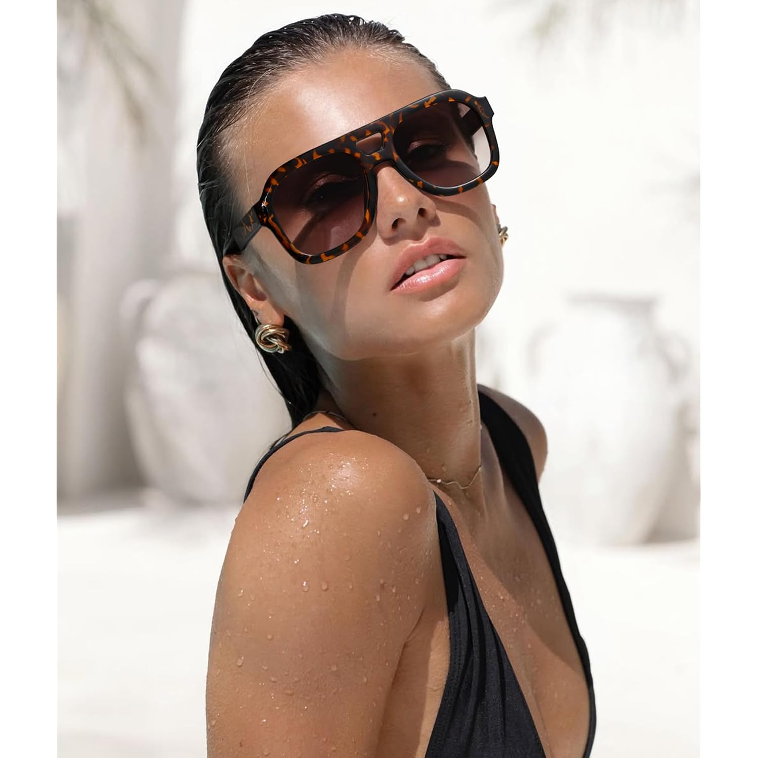 Oversized Flat Top Sunglasses For Women Men, Retro 70S Chunky Aviator Style With Double Bridge, Trendy Square Shades