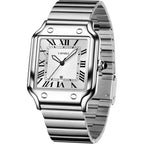 Unisex Classic Square Roman Numerals Silver Analog Waterproof Watches For Women Men Stainless Steel Strap Date Display Casual Wristwatch