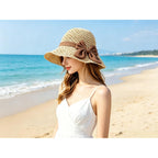 Purfun Women Vintage Bowknot Straw Hats Flower Shape Cloche Hat Anti-Uv Floppy Sun Hats Bucket Hat Roll Up Travel Beach Caps