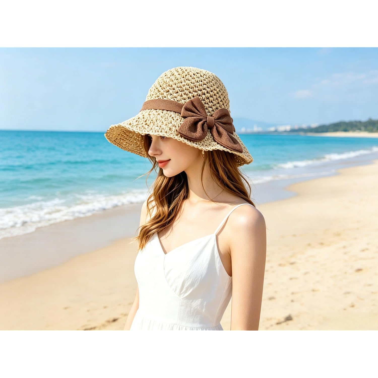 Purfun Women Vintage Bowknot Straw Hats Flower Shape Cloche Hat Anti-Uv Floppy Sun Hats Bucket Hat Roll Up Travel Beach Caps