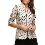 Women'S Genuine Lambskin Leaf Shaped Leather Pieces Applique Mesh Jacket Made By Handmade