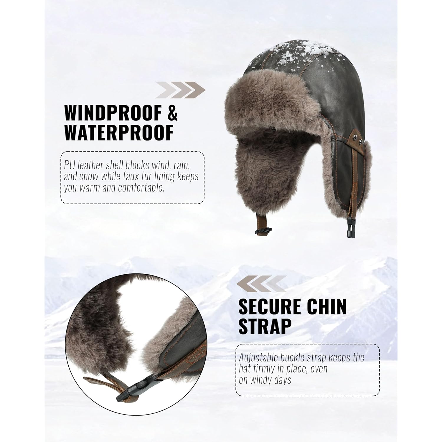 CLAPE Winter Trapper Hat with Ear Flaps, Waterproof PU Leather Aviator Hat with Faux Fur Lining for Men & Women
