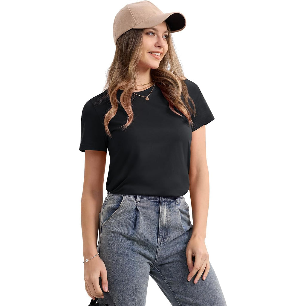 Smeng Women'S Cotton Crewneck T-Shirts Short Sleeve Basic Solid Color Tee Classic-Fit Shirt Breathable Comfy Summer Top