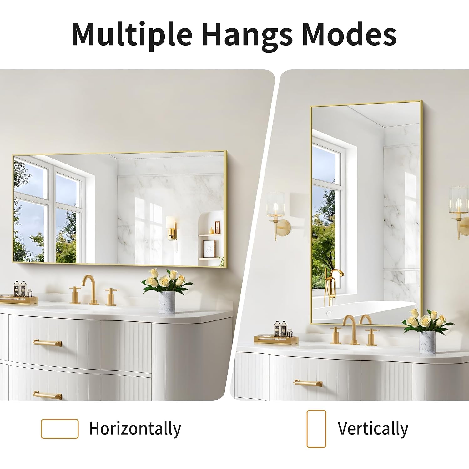Cofeny 48X24In Gold Bathroom Mirror For Wall, Brushed Gold Rectangle Mirrors With Metal Frame, Bathroom Rectangular Mirror Modern Wall Mirror For Bedroom Living Room, Hangs Horizontal Or Vertical
