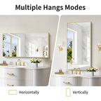 Cofeny 48X24In Gold Bathroom Mirror For Wall, Brushed Gold Rectangle Mirrors With Metal Frame, Bathroom Rectangular Mirror Modern Wall Mirror For Bedroom Living Room, Hangs Horizontal Or Vertical