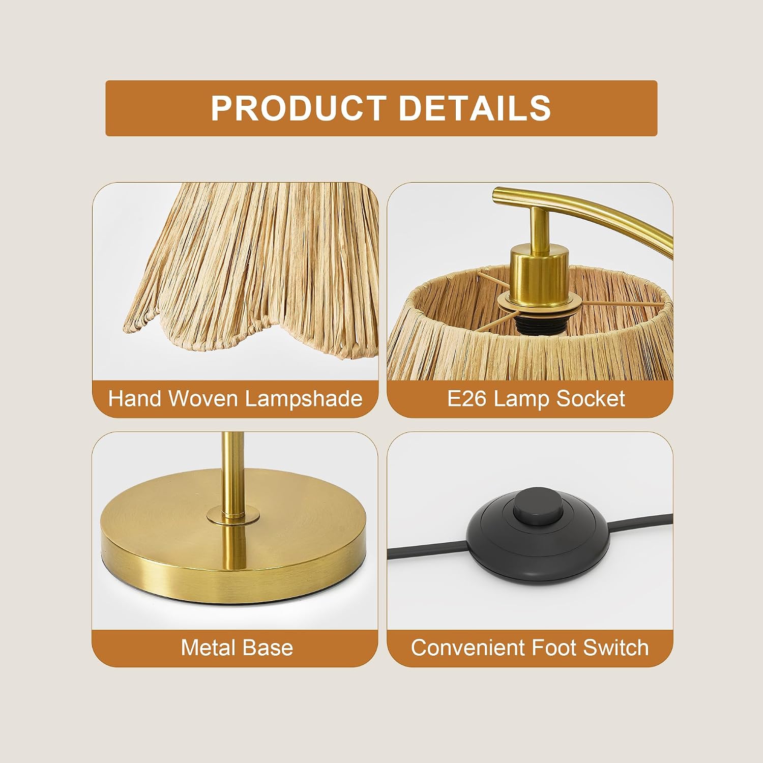 Arc Floor Lamp For Living Room,Rattan Boho Floor Lamp Decor With Hand-Woven Shade, Foot Switch,Gold Metal Base & Pole,Farmhouse Standing Lamp For Bedroom Corner,Reading
