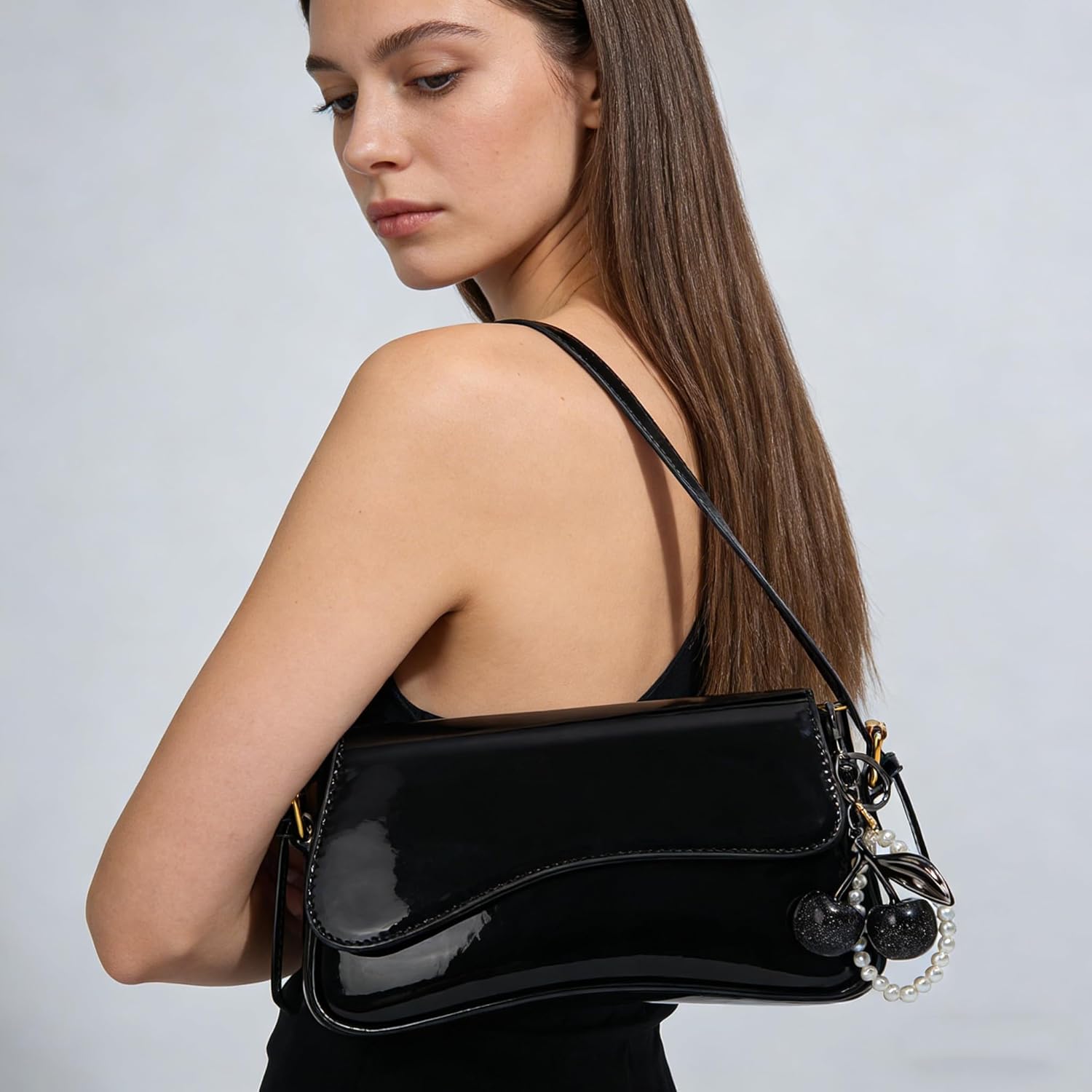 Black Purses for Women Trendy, Y2K Faux Leather Clutch Purse with Cherry Pendant,Crossbody Shoulder Bag and Handbags