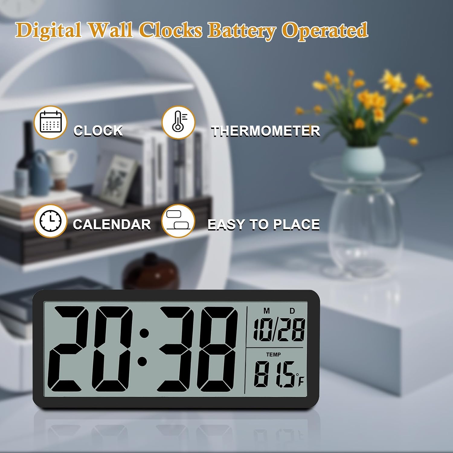 Digital Lcd Wall Clock Easy To Set, 8.5 Inch Lcd Screen With Time/Date/Temperature Display,Simple Digital Desk Clock With 12/24H For Bedroom Living Room Office Décor