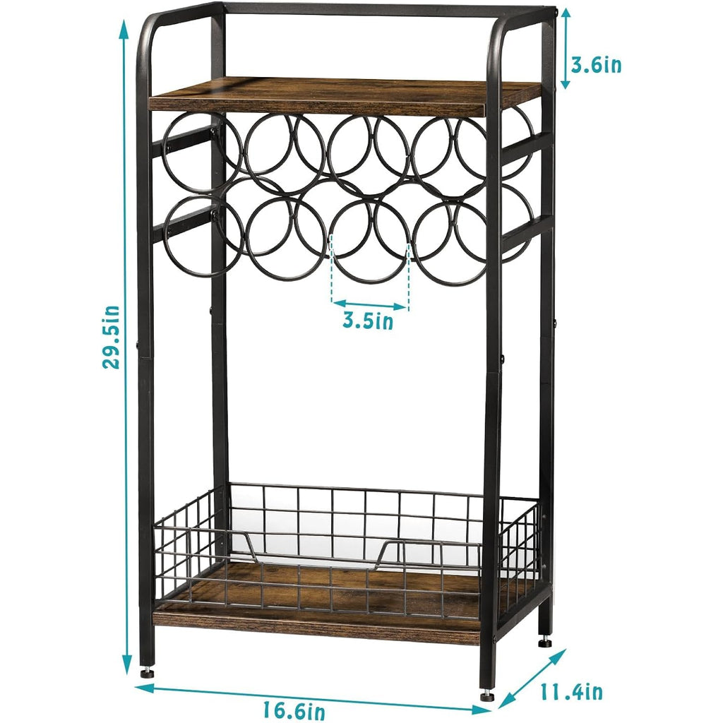 3-Tier Wine Rack Freestanding Floor Cabinet Corner Bar Cabinet Bar Cart,12 Individual Wine Storage Bottle Compartments Corner Bar Cabinet Holder,Wood + Black Frame Liquor Cabinet