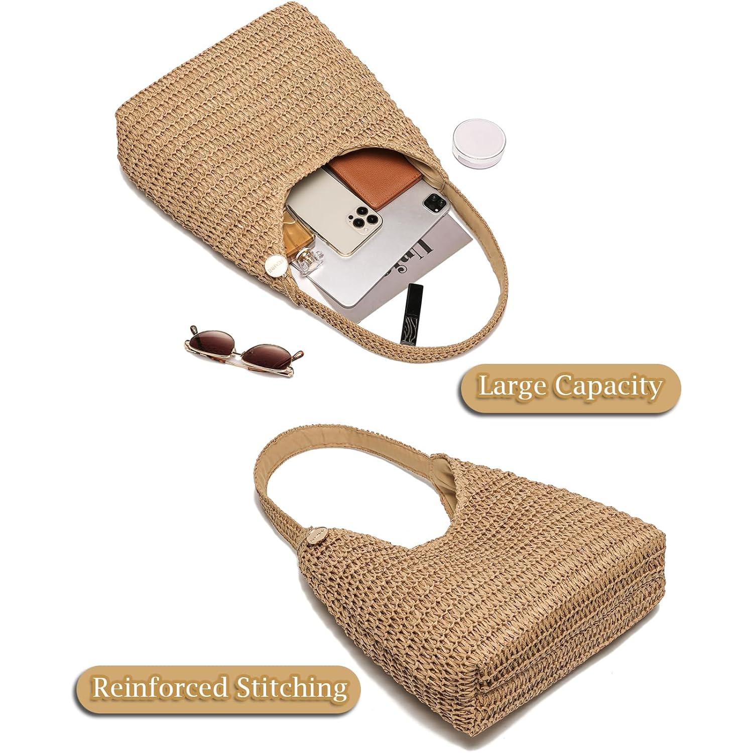 Straw Bags For Women, Large Woven Tote Bag, Summer Beach Shoulder Bag, Hobo Handbag For Vacation, Travel Casual Purse