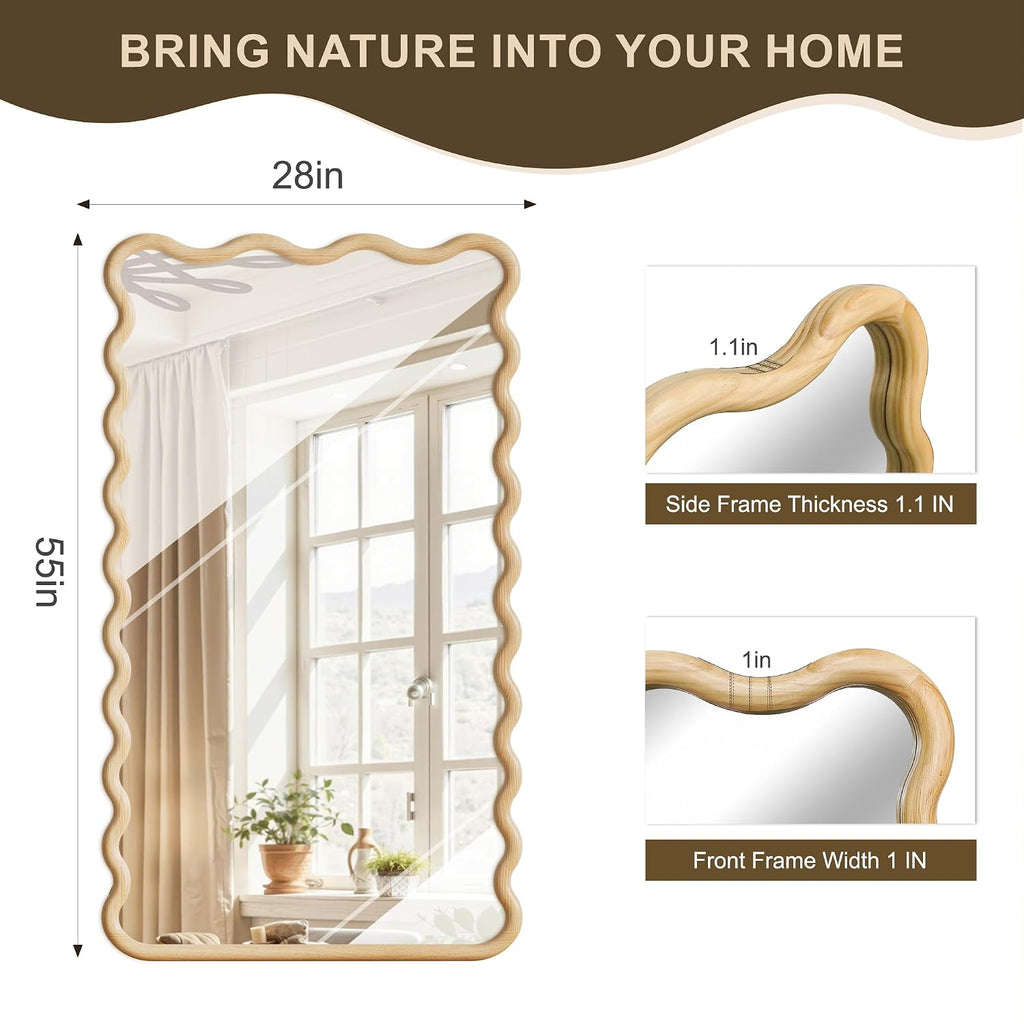 Full Length Mirror, 55"X28" Boho Wavy Wood Floor Mirror, For Bathroom, Bedroom, Living Room, Cloakroom, Entryway