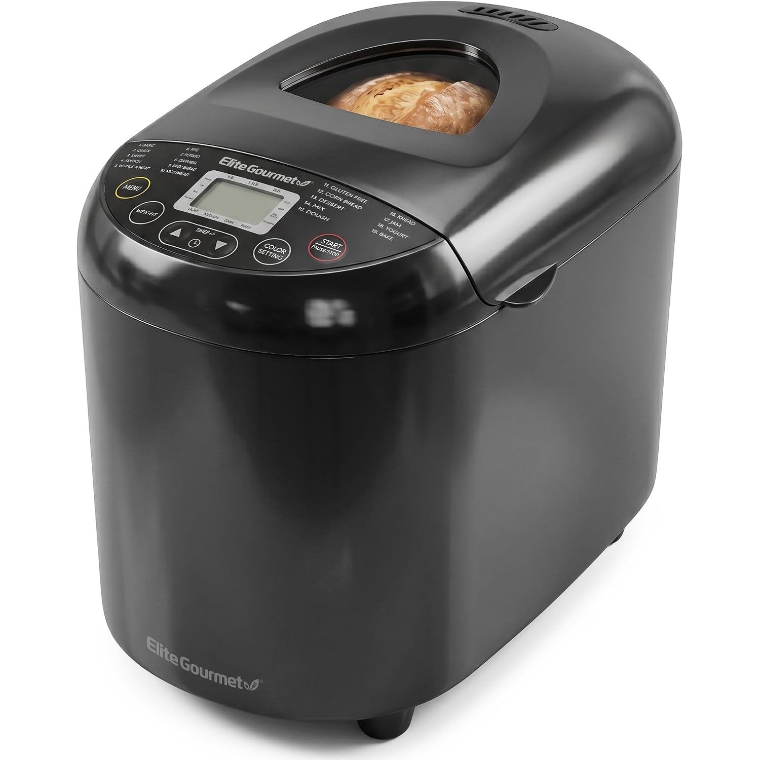 Elite Gourmet Programmable Bread Maker, 2 Lb Loaf, 3 Sizes, 19 Presets Incl. Gluten-Free, Dough & Jam, Delay Timer, Black