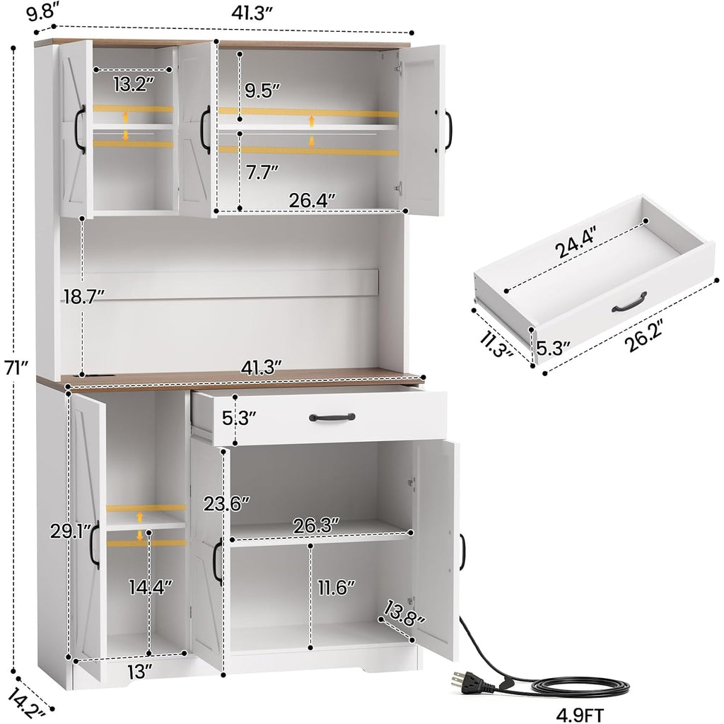 71" Pantry Cabinet With Charging Station, Large Capacity Kitchen Hutch Storage Cabinet, Kitchen Cabinet With Microwave Stand, Storage Drawers & Adjustable Shelves For Dining Room, White
