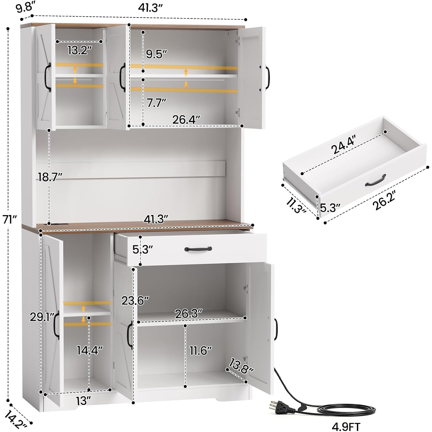 71" Pantry Cabinet With Charging Station, Large Capacity Kitchen Hutch Storage Cabinet, Kitchen Cabinet With Microwave Stand, Storage Drawers & Adjustable Shelves For Dining Room, White
