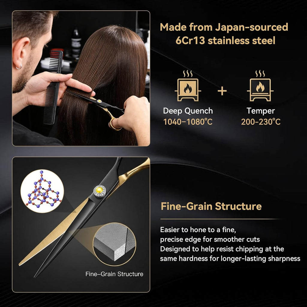 Japanese 6Cr13 Stainless Steel Hair Cutting Scissors Kit, 6” 21-Pcs Barber Scissors Set with Thinning Shears, Sharp No-Pull Blades for Barbers, Cosmetology Students & Home Use