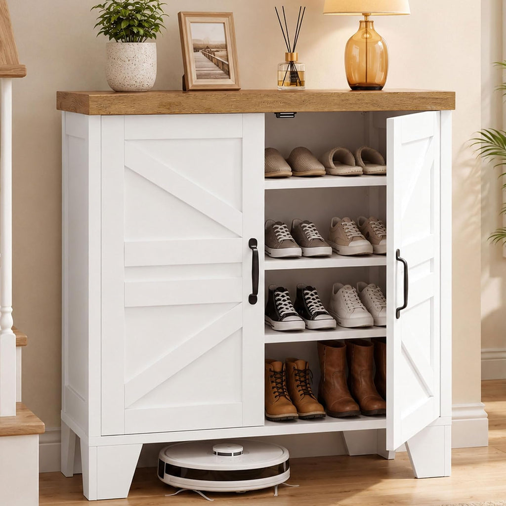 Heybly Shoe Cabinet, Modern Farmhouse Entryway Shoe Storage Cabinet With Doors, Adjustable Shelves,Hidden Shoe Storage, Versatile Entryway Cabinet Furniture With Thick Top & Reinforced Legs, Hsc001Wwb